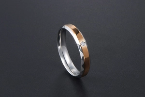 Vue détaillée d'une bague en titane bicolore avec argent facetté, or rose et petit zircon