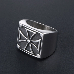 Vintage men's stainless steel signet ring featuring an engraved Iron Cross motif