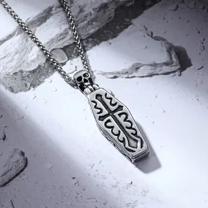 Gothic Stainless Steel Coffin Necklace For Men Openable Coffin Skeleton Pendant Antique Silver Cross Punk Biker Jewelry Gift