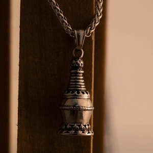 Vintage stainless steel pagoda pendant necklace with silver braided chain for men