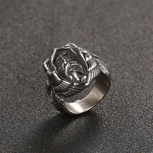 Vintage titanium steel men's ring with hooded figure relief and antique silver finish