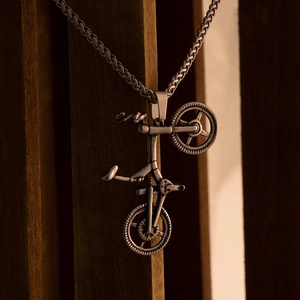 Vintage silver bicycle pendant necklace with industrial metal chain for men