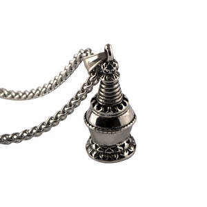 Vintage titanium steel stupa pendant with lotus base and heavy chain for men