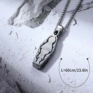 Gothic silver titanium steel coffin pendant necklace with flame texture and 24-inch chain