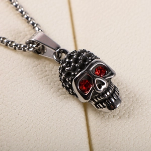 Vintage steel skull necklace with red stone eyes on round box chain, hip hop jewelry