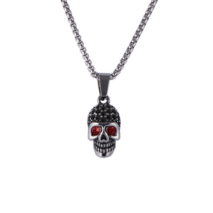 Vintage steel skull necklace with red crystal eyes on box chain for men