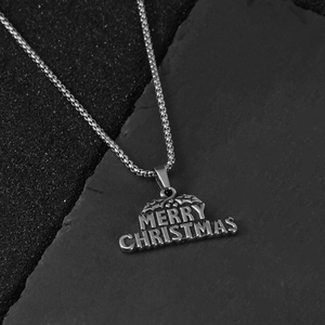 Collier de Noël en acier inoxydable argenté avec pendentif Merry Christmas sur fond pierre