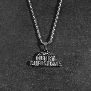 Collier de Noël rétro en acier inoxydable avec pendentif houx sur pierre sombre