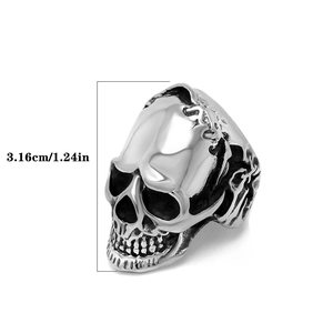 Macro detail of gothic skull ring in polished steel showing 3.16cm height measurement