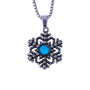 Vintage sneeuwvlok hanger met turquoise steen aan roestvrijstalen venetiaanse schakelketting