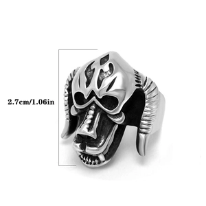 Detailed view of punk stainless steel ram skull ring measuring 2.7cm in height