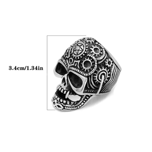 Detail view of gothic skull ring with mechanical steampunk patterns and 3.4cm height