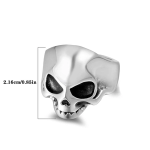 Detail showing vintage punk skull ring dimensions at 2.16cm in polished stainless steel