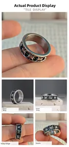 Detail view of 8.4mm vintage punk star engraved stainless steel ring with retro finish