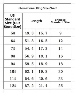Detailed size chart for vintage punk star ring with US and CN measurements and sizes