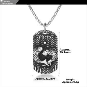 Détail montrant les dimensions du pendentif zodiaque Poissons vintage en acier titane