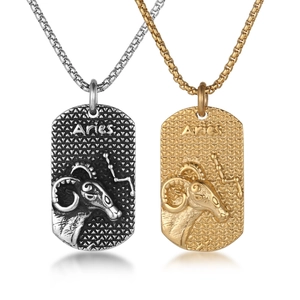 Aries Constellation Dog Tag Necklace Titanium Steel Polished Ram Head Relief Pendant Unisex Zodiac Personalized Jewelry