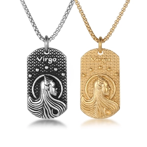 Collier Pendentif Zodiaque Vierge en Acier Inoxydable Vintage pour Homme Rétro Hip Hop Plaque Militaire Bijoux Horoscope Cadeau
