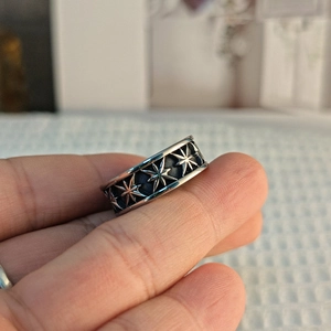Vintage punk octagonal star titanium steel ring for men with black relief patterns