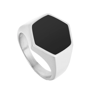 Anello con sigillo esagonale in acciaio inossidabile con intarsio in smalto nero