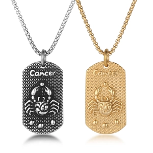 Collier Pendentif Signe du Zodiaque Cancer Rétro pour Hommes Acier au Titane Or Argent Relief Crabe Plaque Carrée Bijoux Hip Hop