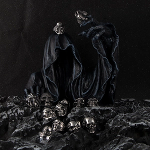 Gothic punk skull rings for men in polished stainless steel with vintage reaper display