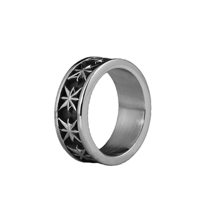 Retro punk star engraved stainless steel wide band ring with oxidized black finish