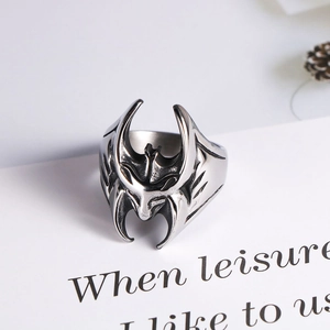 Vintage gothic batman relief ring in stainless steel with a retro silver finish