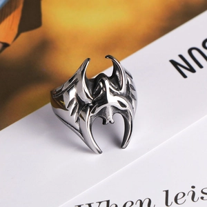 Vintage stainless steel gothic bat wing ring with detailed silver relief and black finish
