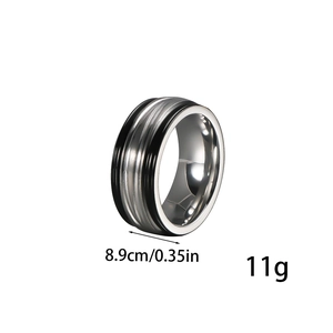 Detail showing wide striped stainless steel ring with black enamel and 8.9mm width