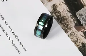 Detailed view of black faceted stainless steel ring with colorful abalone shell inlay