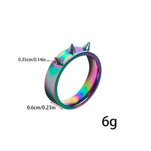 Macro shot of colorful punk spike ring showing 0.6cm width and 0.35cm spike height