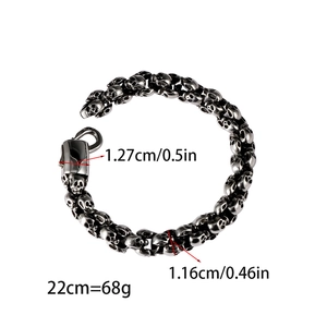 Detailed view of punk skull bracelet with dimensions 22cm length and 1.27cm buckle width