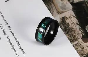 Detailed close-up of a black stainless steel ring featuring colorful abalone shell inlay