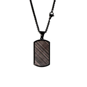 Men's black stainless steel square pendant necklace with diagonal brushed wood texture