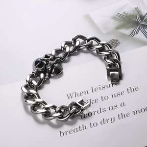 Punk silver titanium steel skull cuban chain bracelet with a heavy-duty toggle clasp
