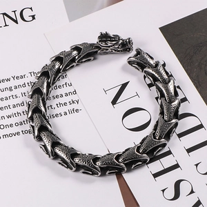 Retro dragon head bracelet in titanium steel with detailed dragon scale link design