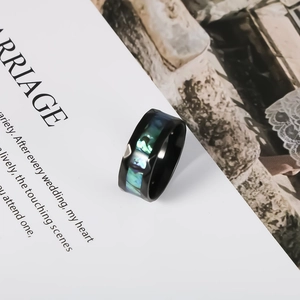 Faceted Black Stainless Steel Ring For Men Inlaid Abalone Shell Geometric Band Polished Fashion Jewelry Finger Ring Gift
