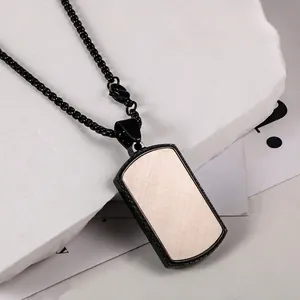 Men's fashion black square pendant necklace with brushed metal finish inlay and ball chain