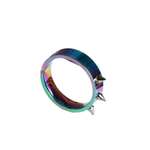 Punk style rainbow stainless steel ring with three sharp conical rivet spikes on top