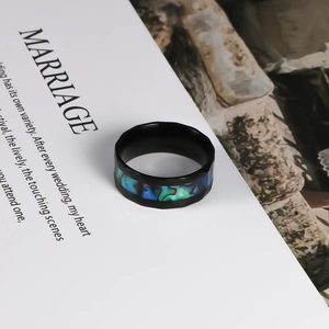 Men black stainless steel ring with colorful abalone shell inlay on marriage card