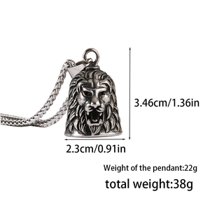 Detail showing dimensions of vintage lion head bell pendant and woven metal chain