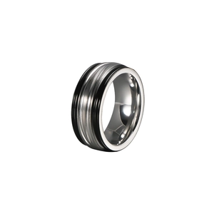 Minimalist men's stainless steel ring with parallel black drip oil groove design