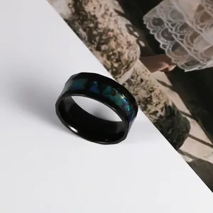 Men's black faceted stainless steel ring with colorful abalone shell inlay inlay