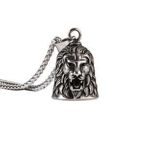 Vintage stainless steel lion head bell pendant necklace with silver wheat chain for men