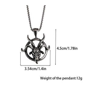 Detailed size chart of vintage goat head pendant necklace showing dimensions and weight