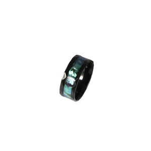Black stainless steel ring with rhombus cut edges and colorful abalone shell inlay