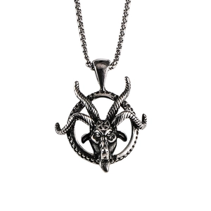 Vintage stainless steel goat head Baphomet pendant necklace with aged silver finish