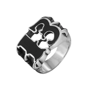 Vintage stainless steel ring for men with black enamel number 13 in a retro 45-degree view