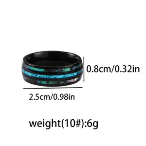 Detailed product size chart for black stainless steel ring with colorful shell inlay
